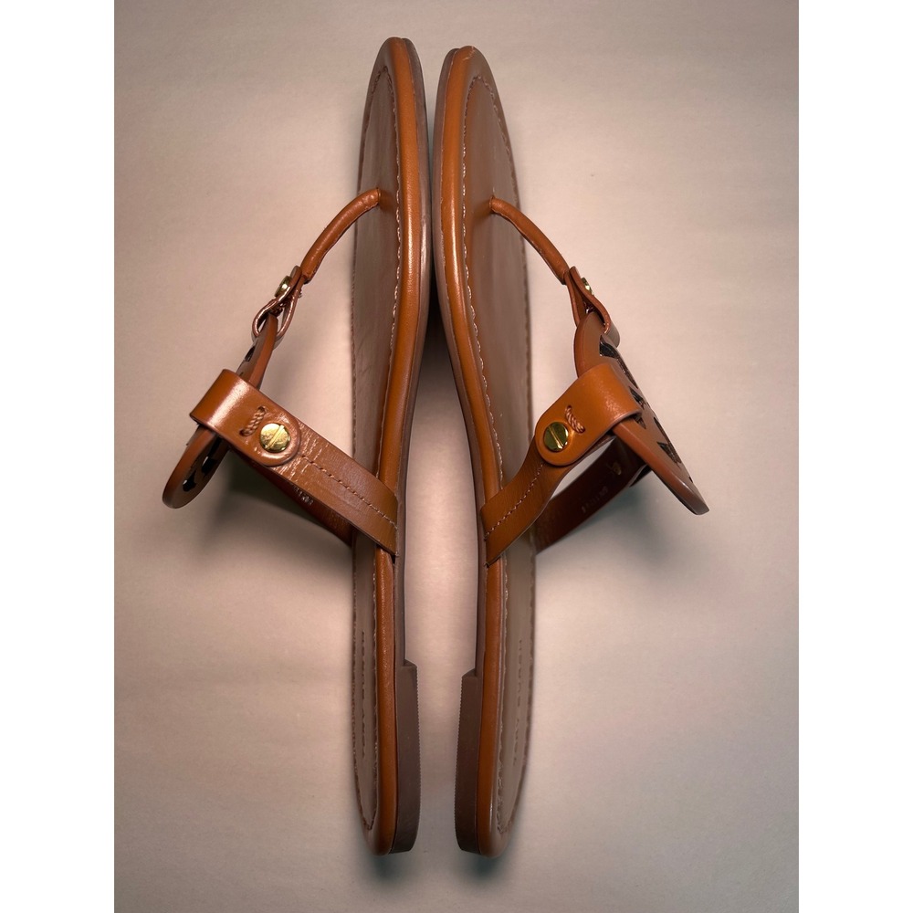 Tory Burch Miller Cloud Tan Leather Thong Sandals Gold Logo 8.5 14020 - Picture 3 of 7